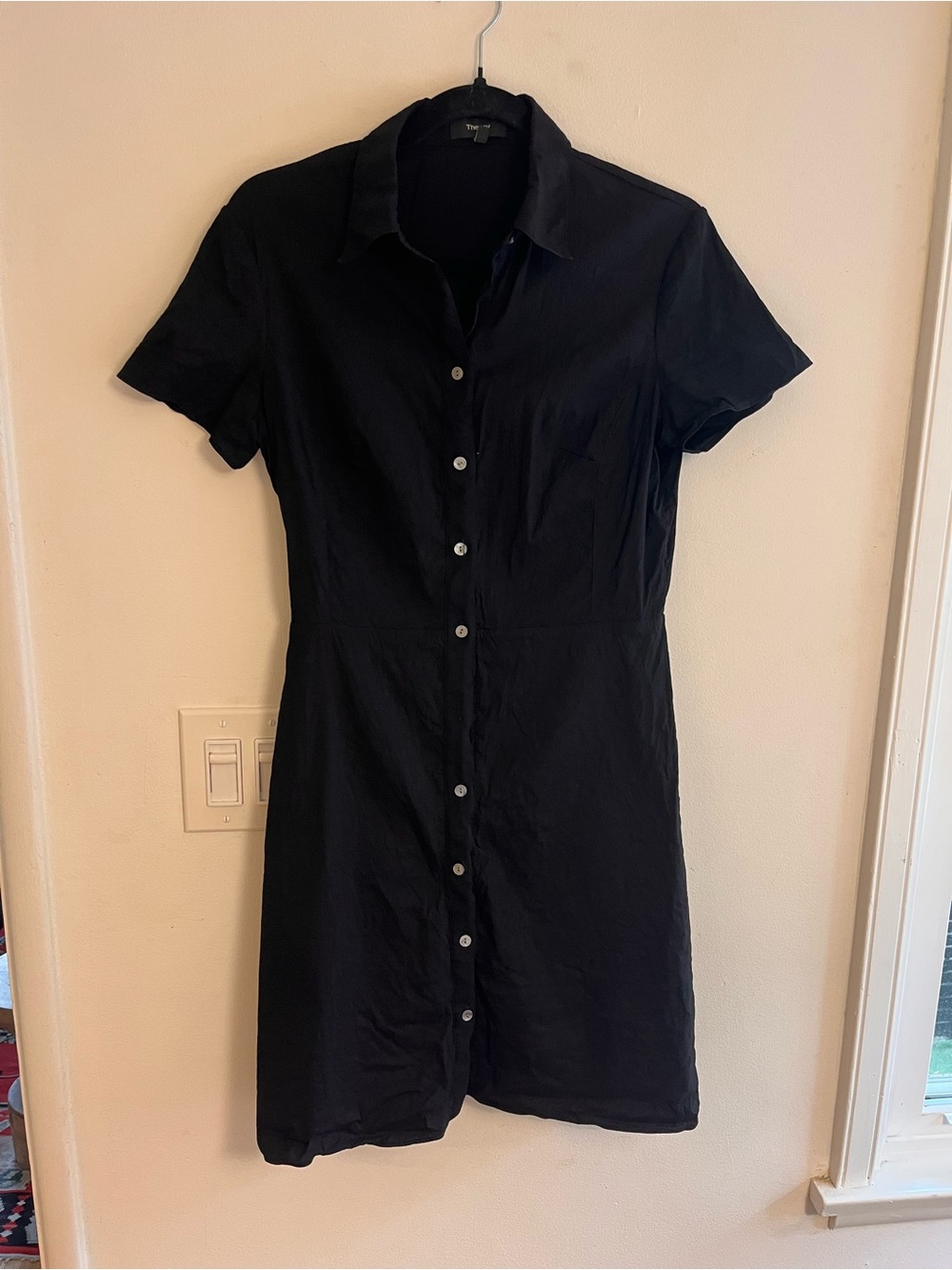 Theory Black Shirt Button Down Linen Dress with Classic Collar